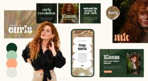 Mockup der Markenwelt von Mona Haase – The Art of Curls Academy mit Farbpalette und Markenclaim